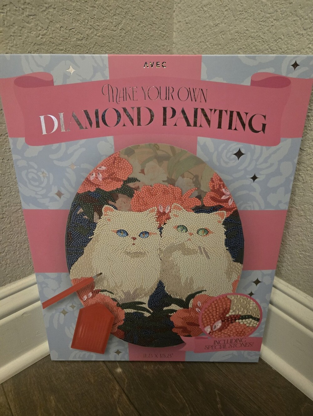 Diamond Painting Kit, Diamond Art Full Kit, Cats, Mounted Canvas, Floral